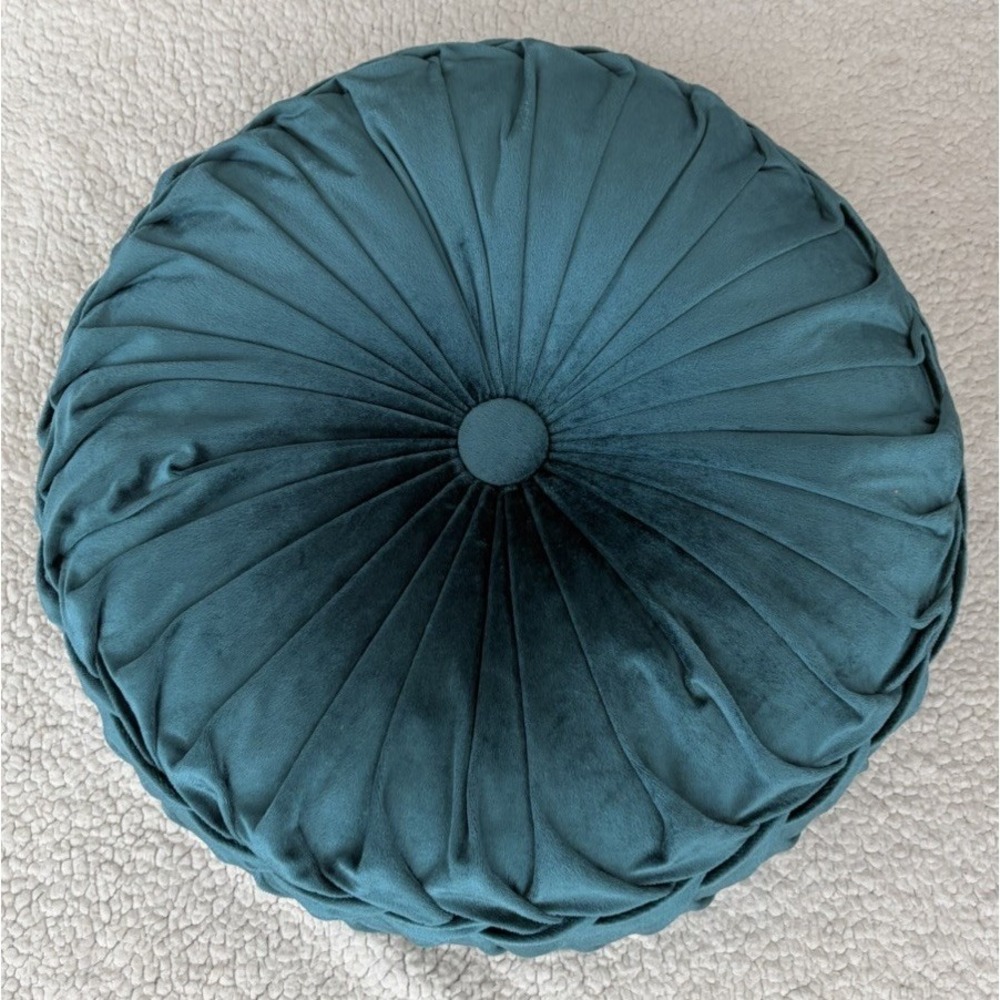 Round Velvet Throw Pillow Pumpkin Teal Blue Green Tufted Pleated Cushion Decor